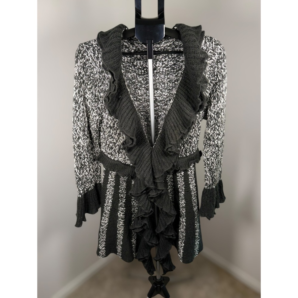 Sioni Petite Black White Marled Ruffle Front Striped Cardigan‎ Sweater PL